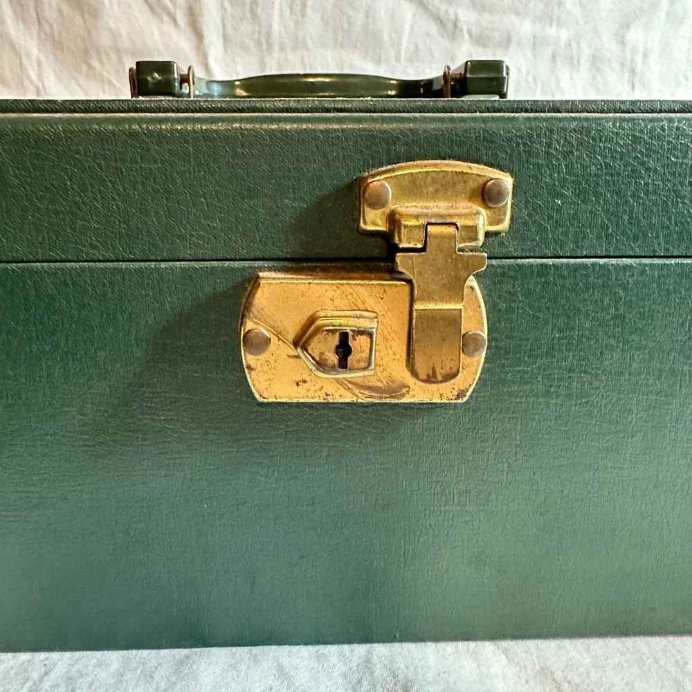 Vintage Jewelry Box Forest Green Good Faux Leather Brass Latch Top Handle Case